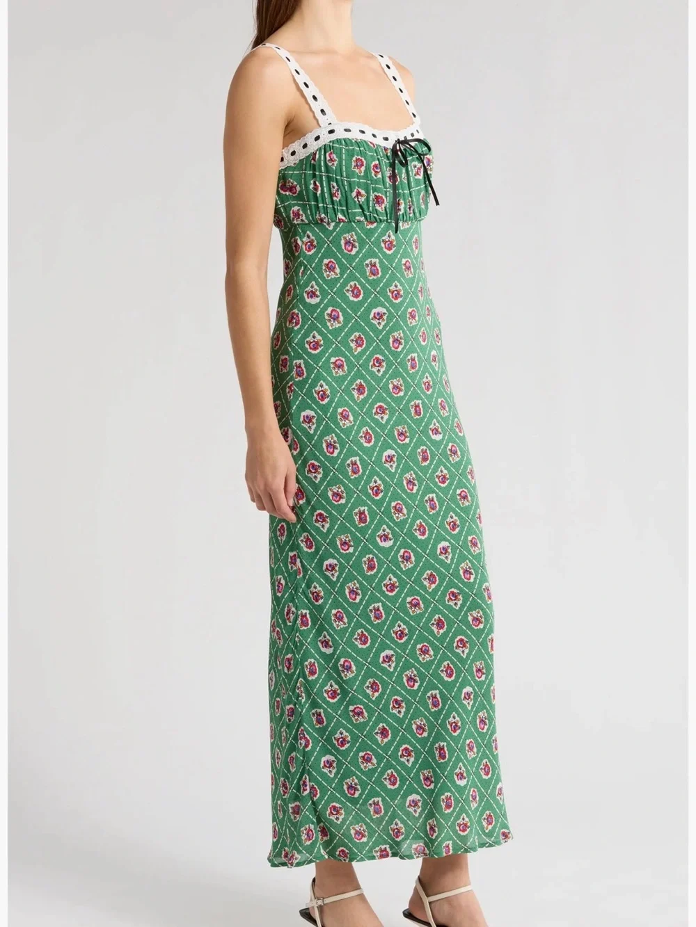 WAYF. Green Patterned Midi Dress with Contrast Trim - Picture 5 of 16